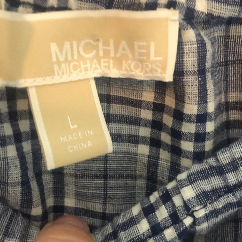 Michael Kors Women’s blue plaid off the shoulder cotton blouse